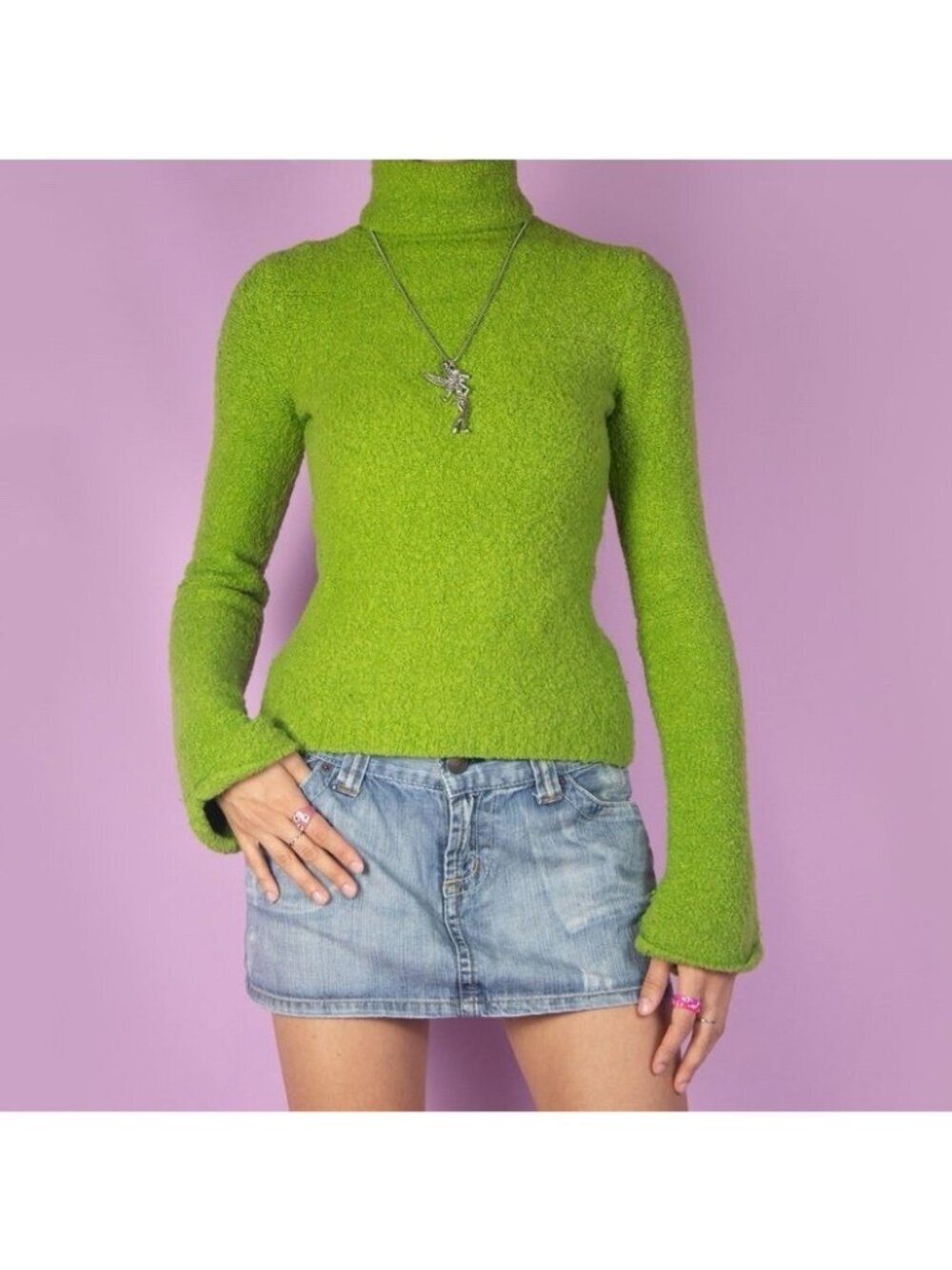 Vintage Turtleneck Bell Flare Sleeve Sweater Medium Green Y2K 2000s